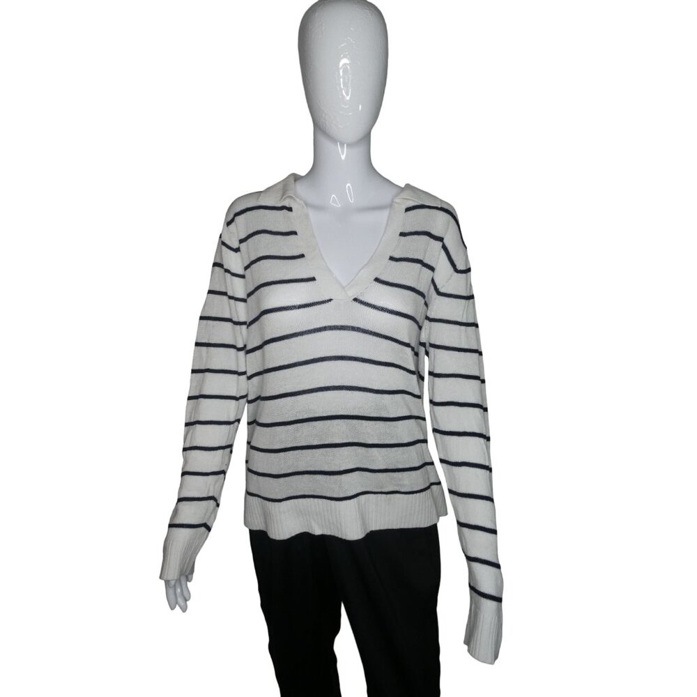 Halston‎ Women's White/Black Striped Drop-shoulder Vneck Knit Sweater